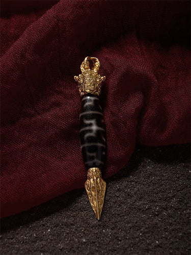 Lotus Padmasambhava Dzi Bead Pendant with Gold-plated Accents – Tibetan Amulet of Spiritual Energy