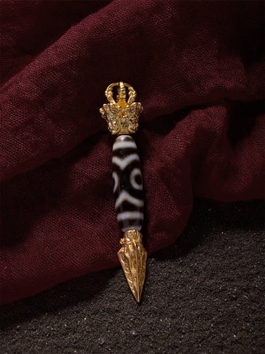 Three-Eye Dzi Bead Pendant – Wealth & Prosperity Energy with Gold-plated Accents