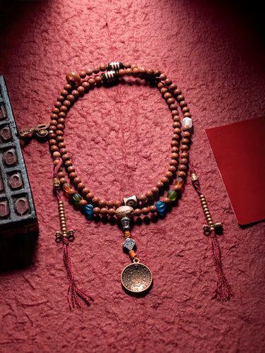 Sacred Blessing 108 Mala Necklace Handmade with Bodhi Beads, Agate, Dzi Beads & Brass