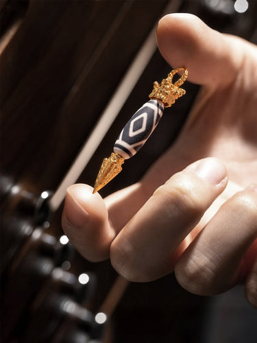 Tiger Tooth Dzi Bead Pendant with Gold-Plated Accents – Courage and Protection Amulet