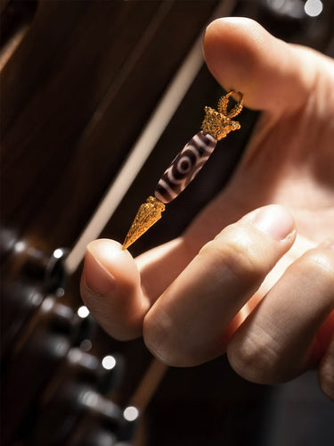 Three-Eye Dzi Bead Pendant – Wealth & Prosperity Energy with Gold-plated Accents