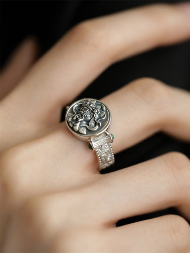 Wealth Guardian Ring - Sterling Silver with Green Accents