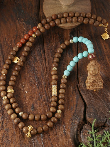 Sandalwood Talisman Bracelet – Protective Energy, Coral Buddha Pendant, Turquoise Beads