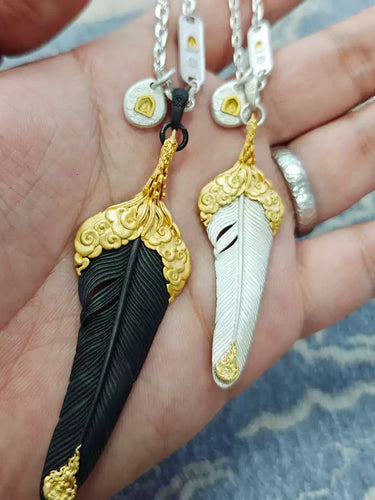 Sky Feather Pendant Protective Energy Gilded Sterling Silver Cloud Pattern Amulet