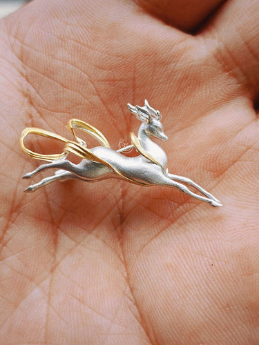 Leaping Divine Deer Brooch | Sterling Silver and Gold Guardian Symbol