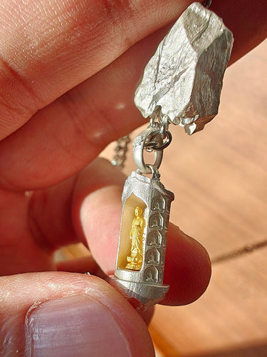 Mountain Shrine Pendant | Sterling Silver Temple Amulet with Golden Buddha Core