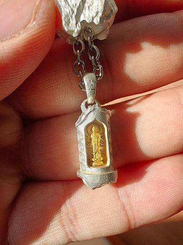 Mountain Shrine Pendant | Sterling Silver Temple Amulet with Golden Buddha Core