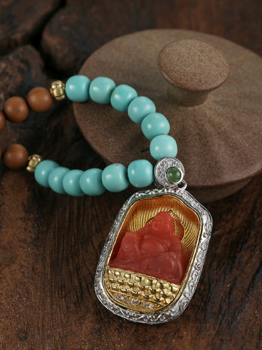 Sandalwood Talisman Bracelet – Protective Energy, Coral Buddha Pendant, Turquoise Beads