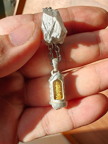 Mountain Shrine Pendant | Sterling Silver Temple Amulet with Golden Buddha Core