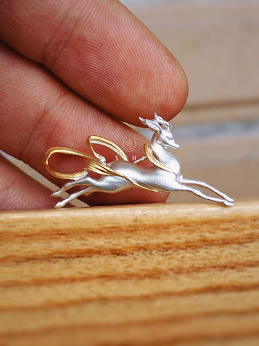 Leaping Divine Deer Brooch | Sterling Silver and Gold Guardian Symbol