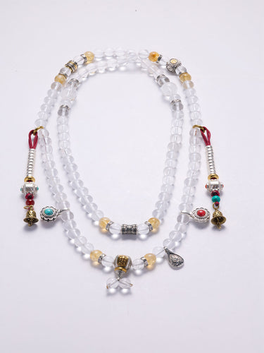 Peace Crystal 108 Mala Necklace – White Quartz, Agate & Turquoise Pendant