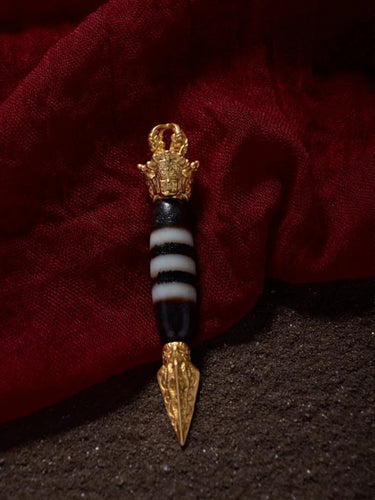 Three-Line Dzi Bead Pendant with Gold-Plated Design – Spiritual Energy Amulet