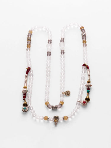 Peace Crystal 108 Mala Necklace – White Quartz, Agate & Turquoise Pendant