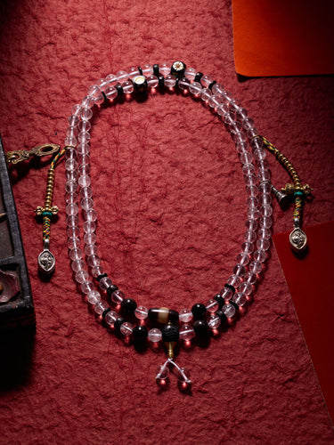 Healing Crystal 108 Mala Necklace White Quartz, Agate & Silver Pendant