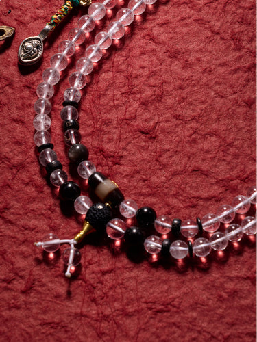 Healing Crystal 108 Mala Necklace White Quartz, Agate & Silver Pendant