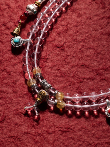 Peace Crystal 108 Mala Necklace – White Quartz, Agate & Turquoise Pendant