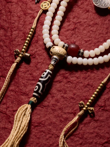 Sacred Protection 108 Mala Necklace with Dzi Beads and Agate - Blessing Energy