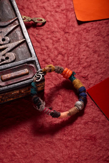 Himalayan Blessing Cotton Bracelet - Protective Energy with Coral & Silver