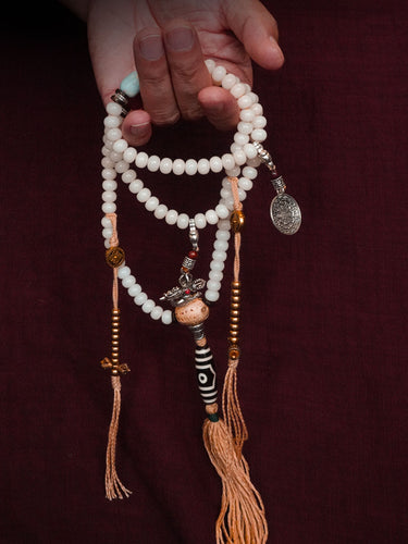 Sacred Protection 108 Mala Necklace with Dzi Beads and Agate - Blessing Energy