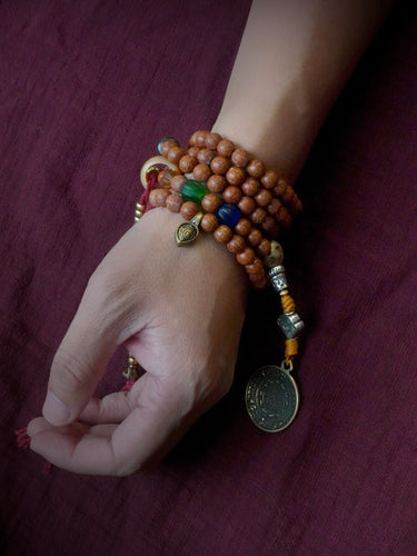 Sacred Blessing 108 Mala Necklace Handmade with Bodhi Beads, Agate, Dzi Beads & Brass