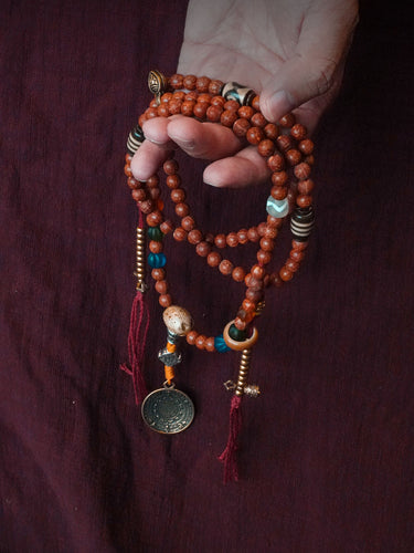 Sacred Blessing 108 Mala Necklace Handmade with Bodhi Beads, Agate, Dzi Beads & Brass