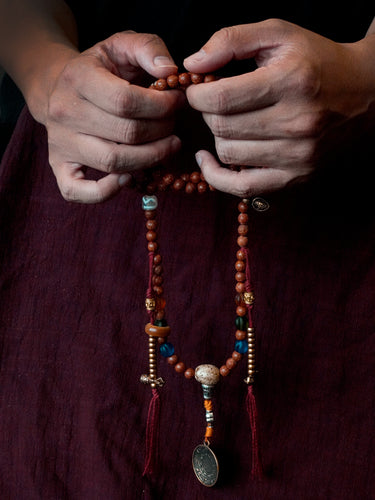 Sacred Blessing 108 Mala Necklace Handmade with Bodhi Beads, Agate, Dzi Beads & Brass