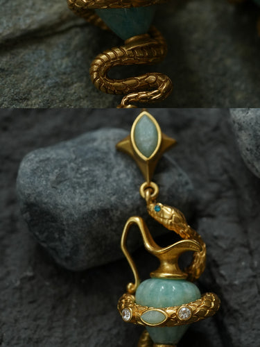 Guardian Vessel Earrings|Snake Totem Gemstone Drop Gold-Plated Design