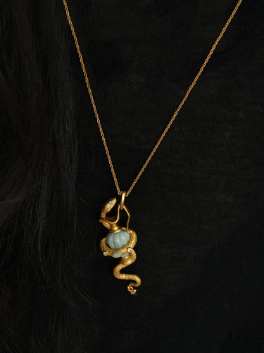 Flow of Blessings Amulet Necklace|Gold-Plated Serpent + Natural Gemstone Convertible Brooch