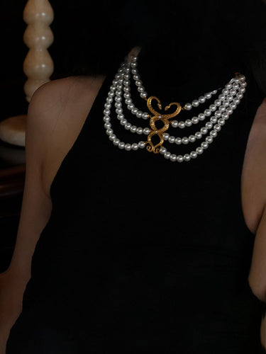 Emotion Shield Serpent Necklace|Multi-Strand Pearl with Gold Totem Center