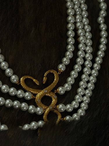 Emotion Shield Serpent Necklace|Multi-Strand Pearl with Gold Totem Center