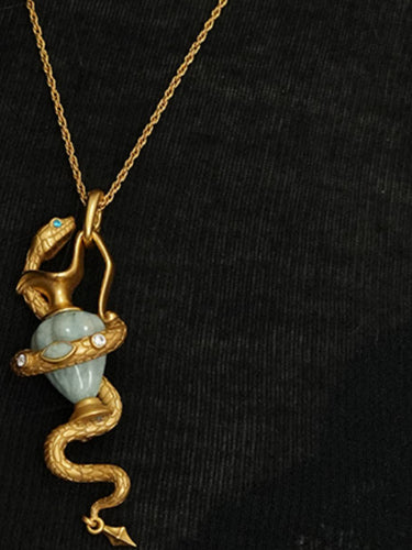 Flow of Blessings Amulet Necklace|Gold-Plated Serpent + Natural Gemstone Convertible Brooch