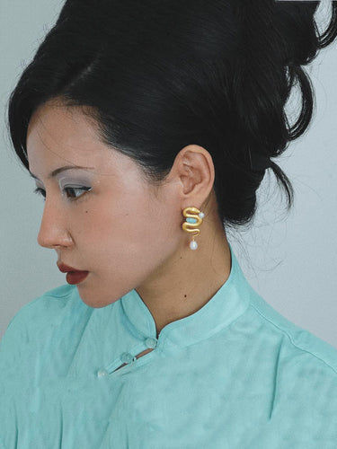 Flying Serpent Pearl Earrings|Gold Spiritual Dangle for Feminine Balance