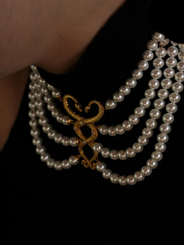 Emotion Shield Serpent Necklace|Multi-Strand Pearl with Gold Totem Center