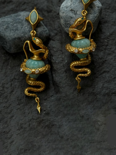 Guardian Vessel Earrings|Snake Totem Gemstone Drop Gold-Plated Design