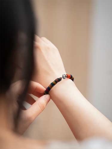 Himalayan Blessing Cotton Bracelet - Protective Energy with Coral & Silver