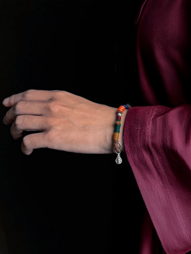 Himalayan Blessing Cotton Bracelet - Protective Energy with Coral & Silver
