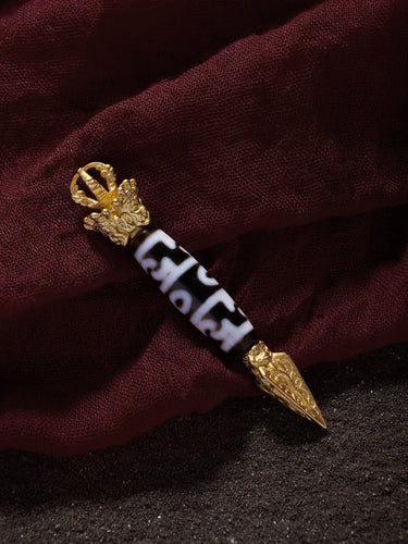 Three-Eye Lotus Padmasambhava Totem Pendant – Tibetan Dzi Bead with Gold-plated Accents