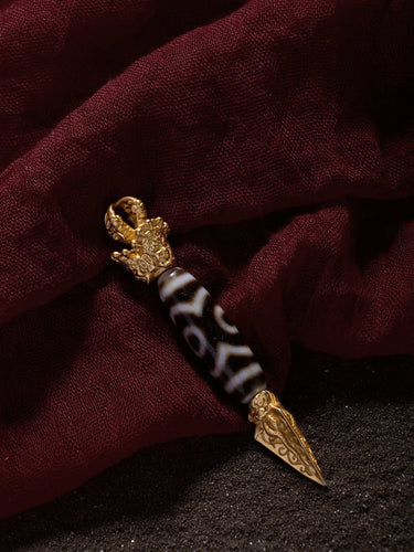 Three-Eye Dzi Bead Pendant – Wealth & Prosperity Energy with Gold-plated Accents