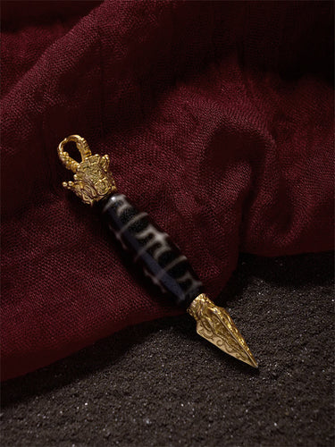 Lotus Padmasambhava Dzi Bead Pendant with Gold-plated Accents – Tibetan Amulet of Spiritual Energy