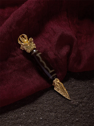 Five-Eye Dzi Bead Pendant– Wealth Energy Pendant with Gold-plated Accents