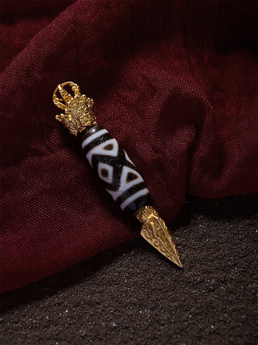 Courage Dzi Bead Pendant with Gold-Plated Design – Empowerment & Strength