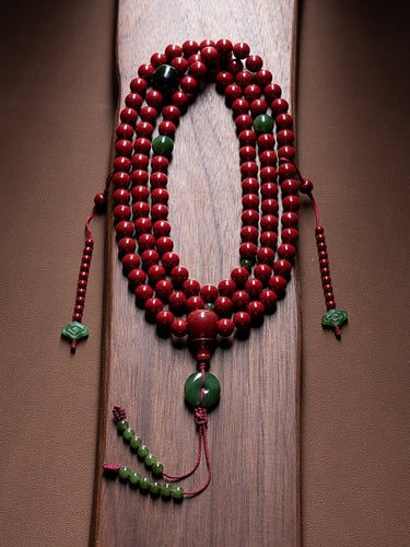 Cinnabar 108 Mala Beads Necklace & Bracelet — Cinnabar & Jade, Healing Energy, Spiritual Connection