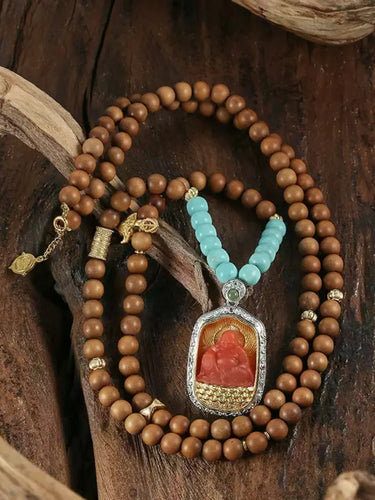 Sandalwood Talisman Bracelet – Protective Energy, Coral Buddha Pendant, Turquoise Beads