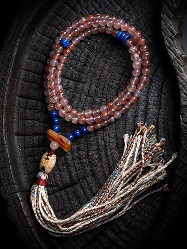 South Red Agate 108 Mala Necklace & Bracelet – Himalayan Spiritual Talisman with Lapis Lazuli Accents