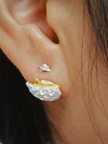 Golden Sleep Buddha Earrings – Sterling Silver Handmade Ear Cuffs with Gold Detailing