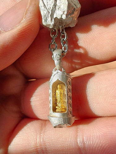 Mountain Shrine Pendant | Sterling Silver Temple Amulet with Golden Buddha Core