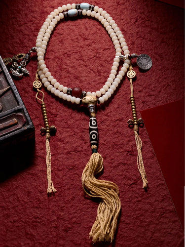 Sacred Protection 108 Mala Necklace with Dzi Beads and Agate - Blessing Energy