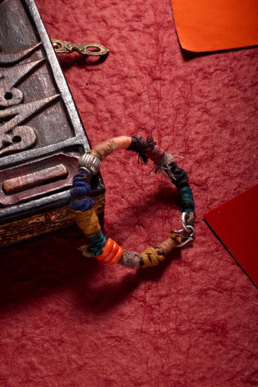 Himalayan Blessing Cotton Bracelet - Protective Energy with Coral & Silver