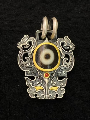 Sacred Blessing Pendant – Dzi Beads with Silver-Plated Buddha