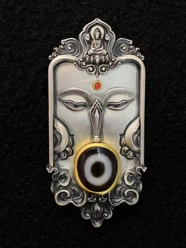 Sacred Blessing Pendant –  Dzi Beads with Silver-Plated Buddha
